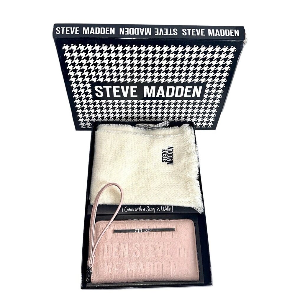 Steve Madden 2-Piece Set Scarf & Wallet Wristlet Clutch Pink & White NIB